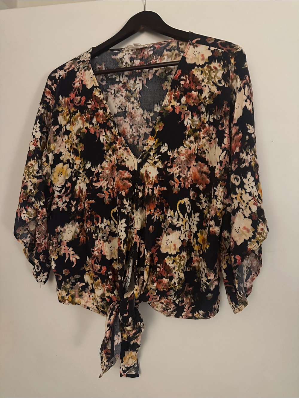 lovestitch Black Floral Tie-Front Blouse with Pink and Yellow Accents
